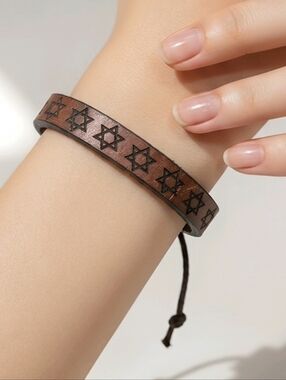 Star of David Leather Bracelet Brown Adjustable Jewish Symbol Unisex Cuff Faith